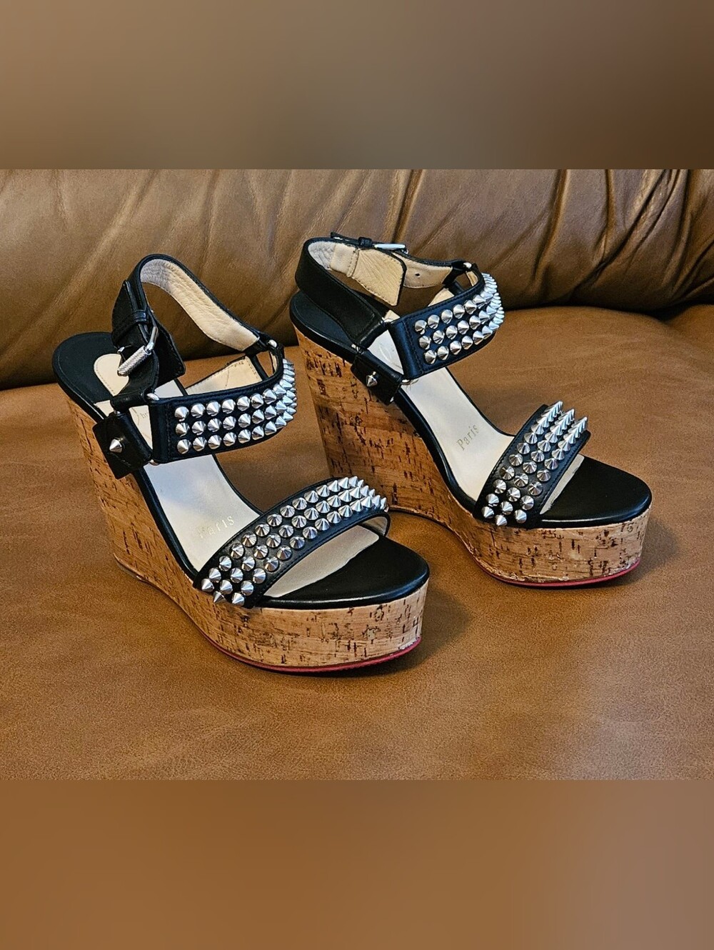 Christian Louboutin Black Leather Spikes-Studded Wedge Sandals Size 4.5 US - Picture 3 of 16